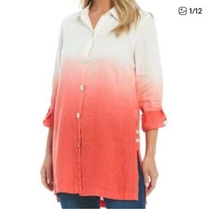 John Mark Button Down 100% Linen Pink Ombre long sleeve blouse Size M